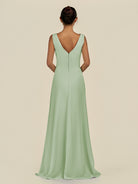 KissDress-Saphir Sage A Line Chiffon V Neck Ruched Long Bridesmaid Dress with Slit