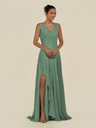 KissDress-Saphir Sea Glass A Line Chiffon V Neck Ruched Long Bridesmaid Dress with Slit