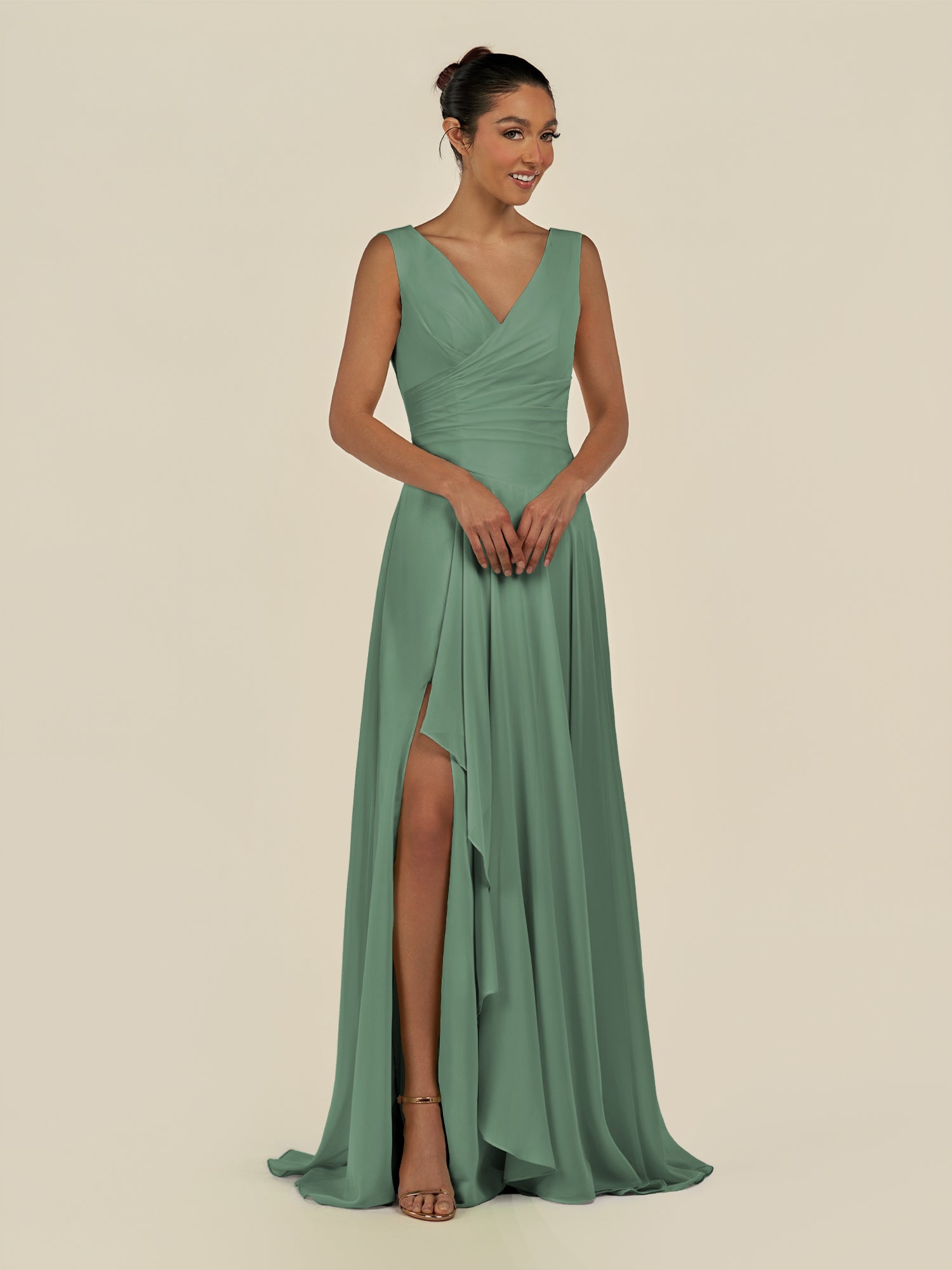 KissDress-Saphir Sea Glass A Line Chiffon V Neck Ruched Long Bridesmaid Dress with Slit