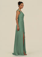 KissDress-Saphir Sea Glass A Line Chiffon V Neck Ruched Long Bridesmaid Dress with Slit