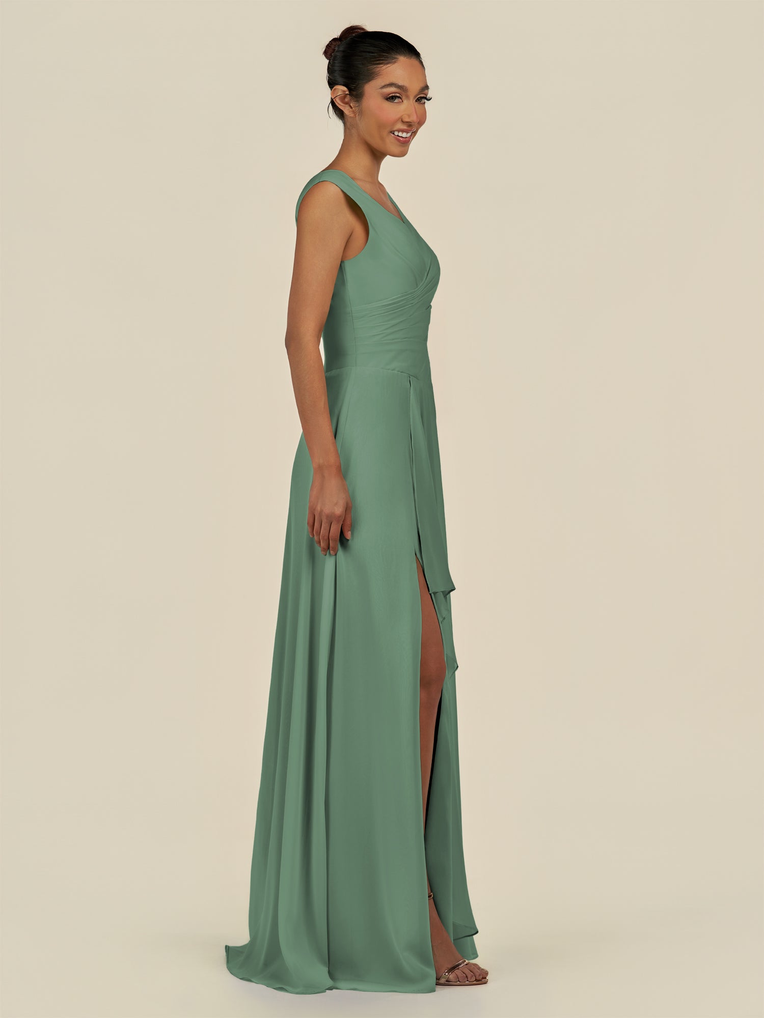 KissDress-Saphir Sea Glass A Line Chiffon V Neck Ruched Long Bridesmaid Dress with Slit