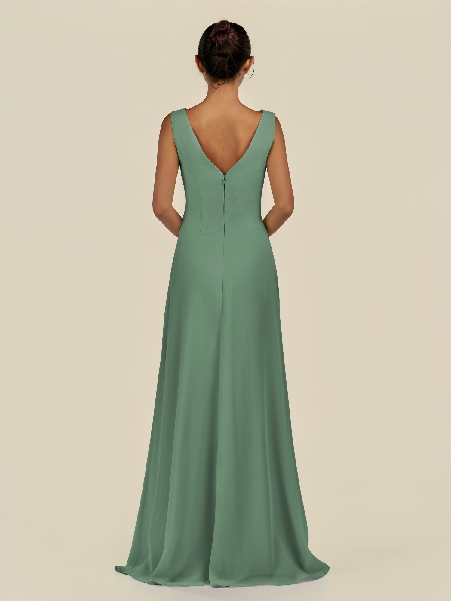 KissDress-Saphir Sea Glass A Line Chiffon V Neck Ruched Long Bridesmaid Dress with Slit