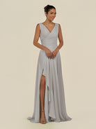 KissDress-Saphir Silver A Line Chiffon V Neck Ruched Long Bridesmaid Dress with Slit