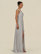 KissDress-Saphir Silver A Line Chiffon V Neck Ruched Long Bridesmaid Dress with Slit