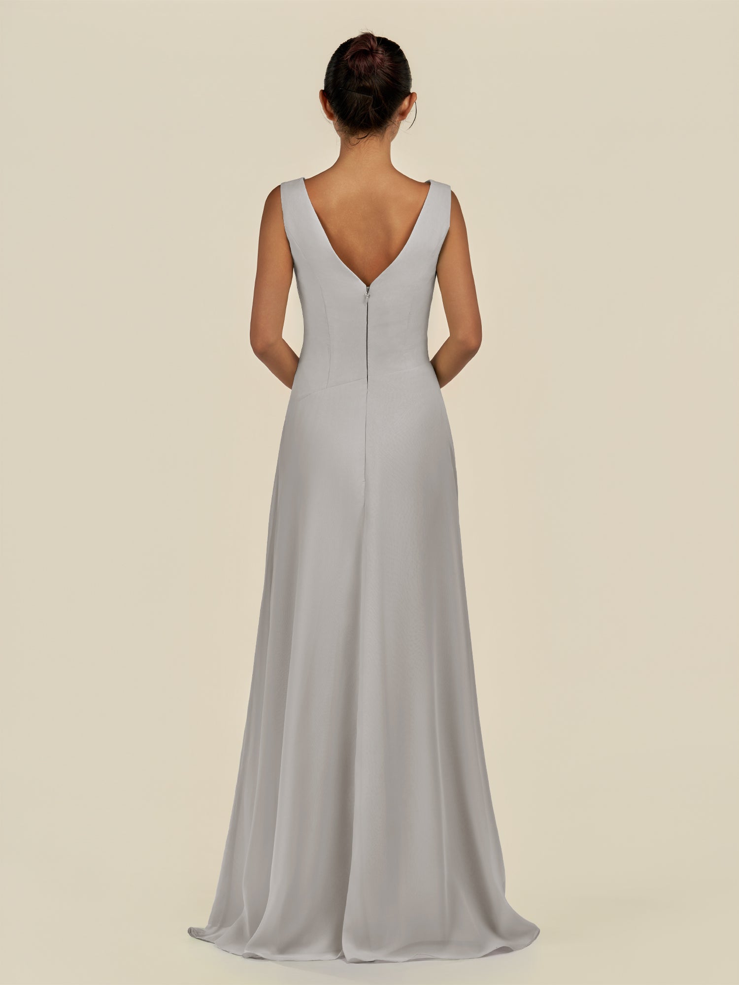 KissDress-Saphir Silver A Line Chiffon V Neck Ruched Long Bridesmaid Dress with Slit