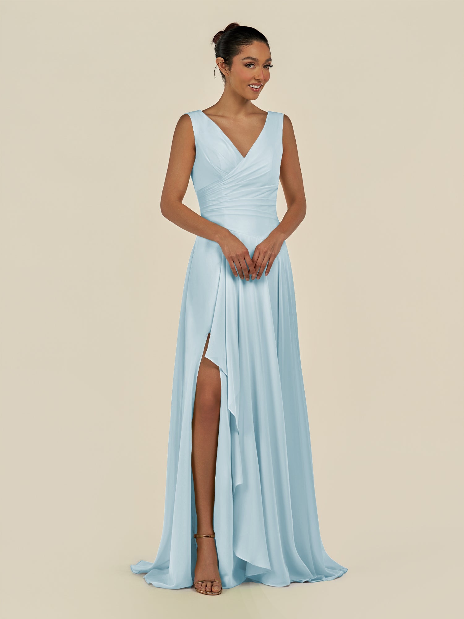 KissDress-Saphir Sky Blue A Line Chiffon V Neck Ruched Long Bridesmaid Dress with Slit