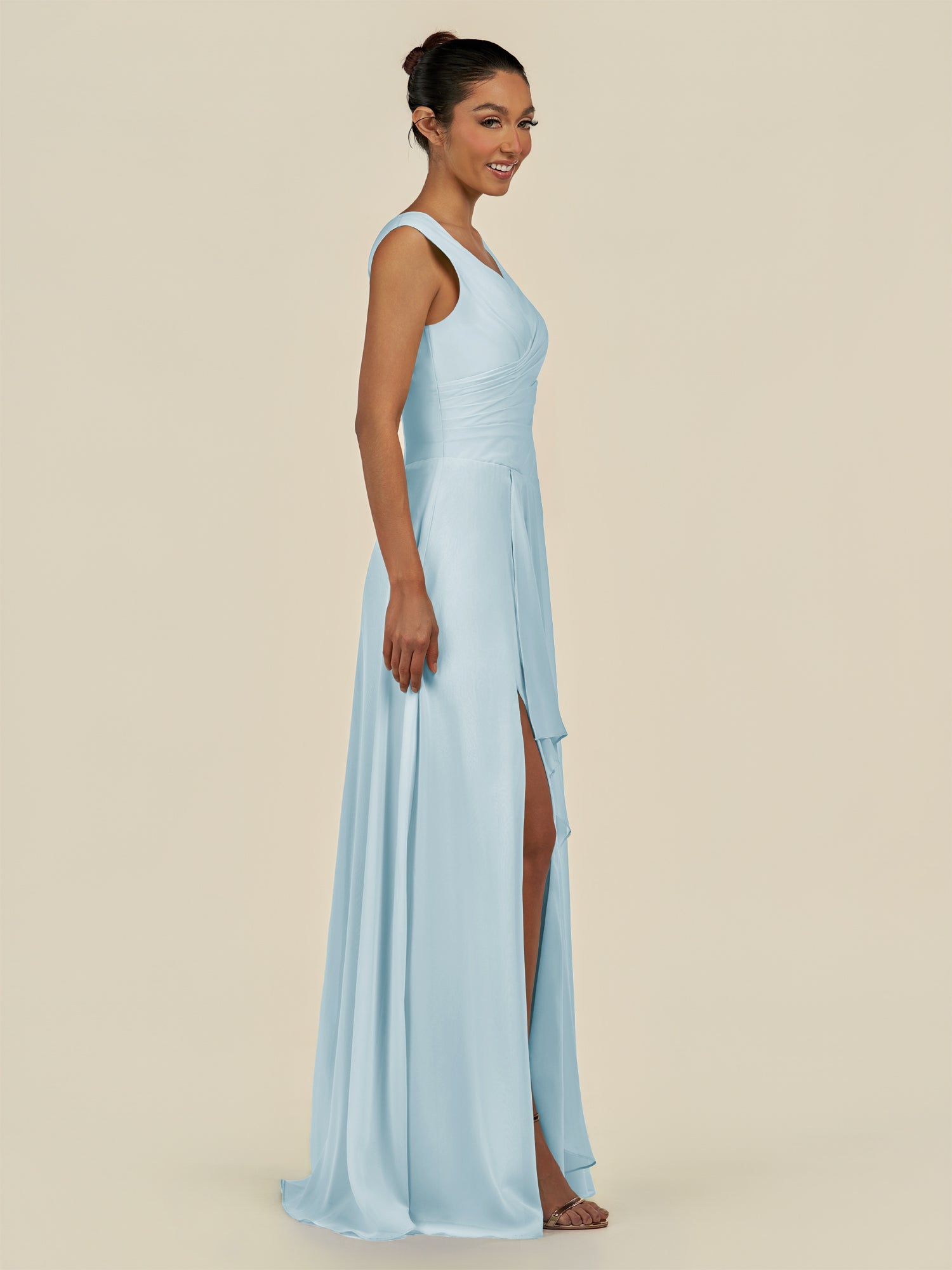 KissDress-Saphir Sky Blue A Line Chiffon V Neck Ruched Long Bridesmaid Dress with Slit