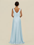 KissDress-Saphir Sky Blue A Line Chiffon V Neck Ruched Long Bridesmaid Dress with Slit