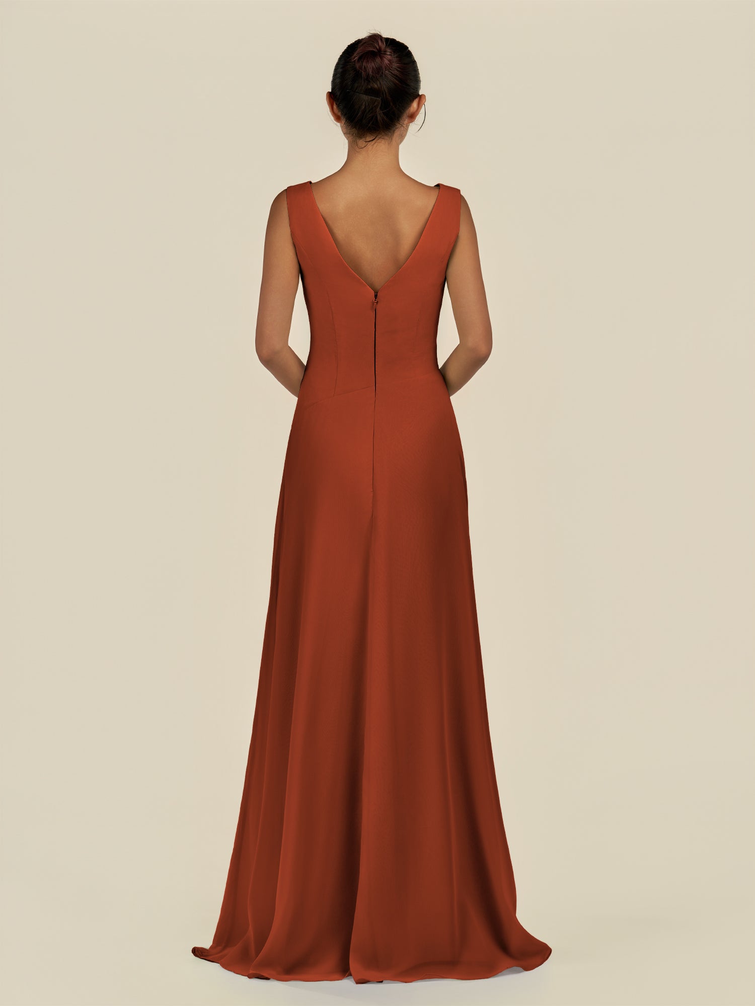 KissDress-Saphir Spice A Line Chiffon V Neck Ruched Long Bridesmaid Dress with Slit