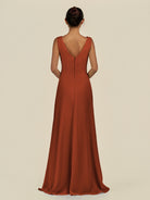 KissDress-Saphir Spice A Line Chiffon V Neck Ruched Long Bridesmaid Dress with Slit