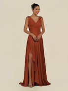 KissDress-Saphir Spice A Line Chiffon V Neck Ruched Long Bridesmaid Dress with Slit