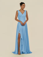 KissDress-Saphir Steel Blue A Line Chiffon V Neck Ruched Long Bridesmaid Dress with Slit