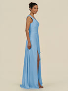 KissDress-Saphir Steel Blue A Line Chiffon V Neck Ruched Long Bridesmaid Dress with Slit