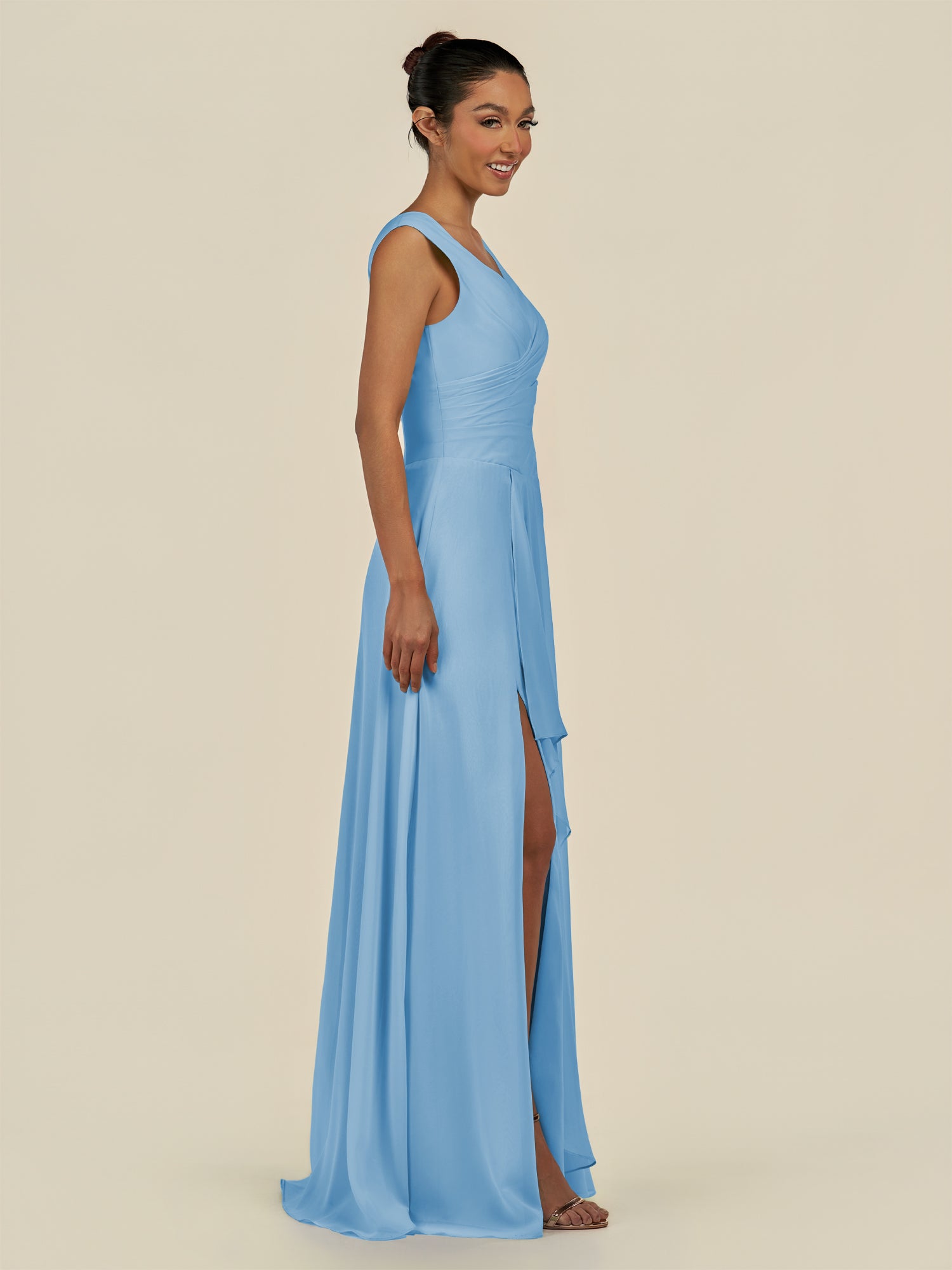 KissDress-Saphir Steel Blue A Line Chiffon V Neck Ruched Long Bridesmaid Dress with Slit