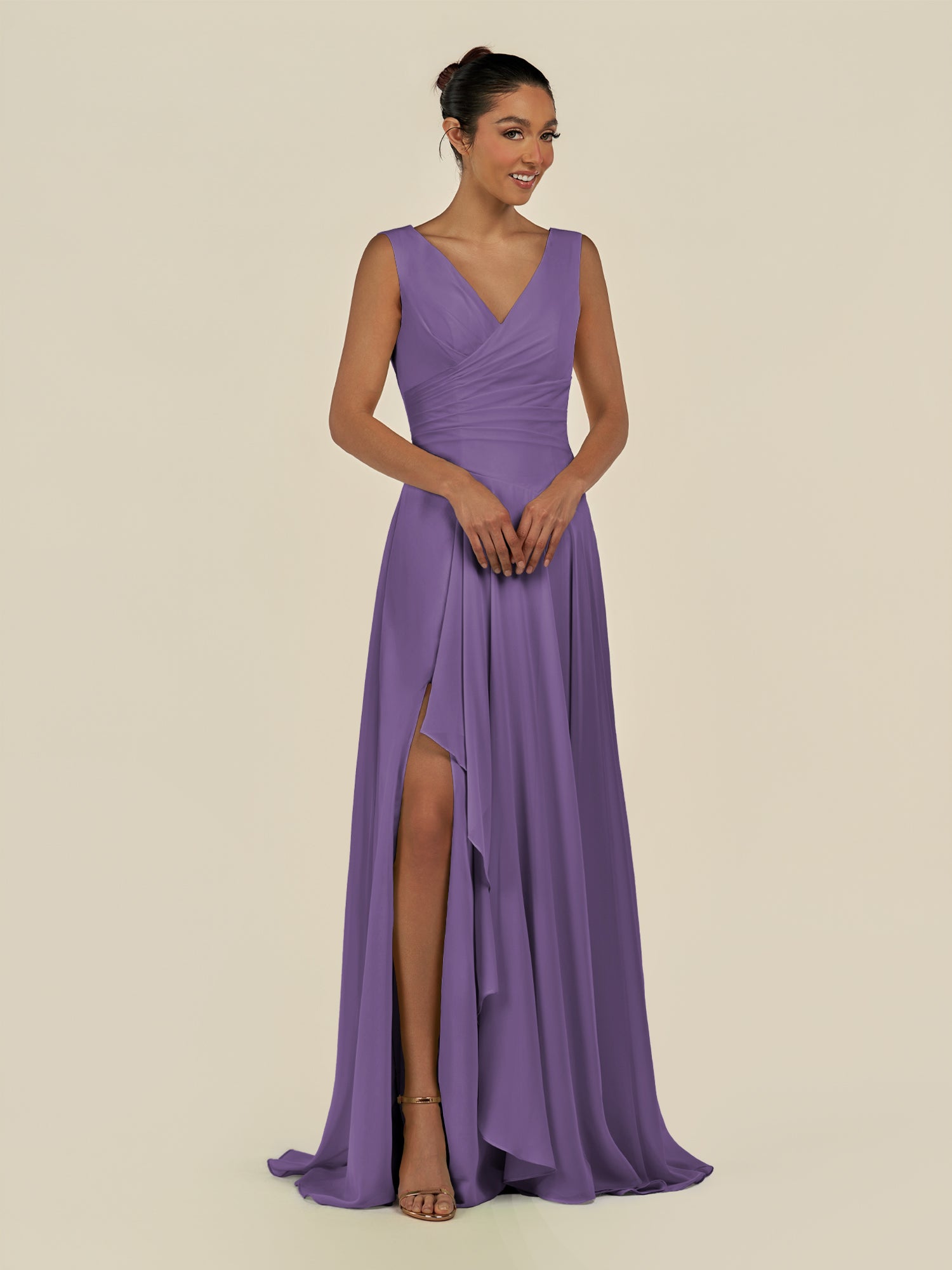 KissDress-Saphir Tahiti A Line Chiffon V Neck Ruched Long Bridesmaid Dress with Slit