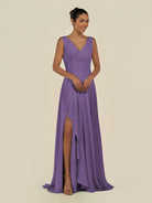 KissDress-Saphir Tahiti A Line Chiffon V Neck Ruched Long Bridesmaid Dress with Slit