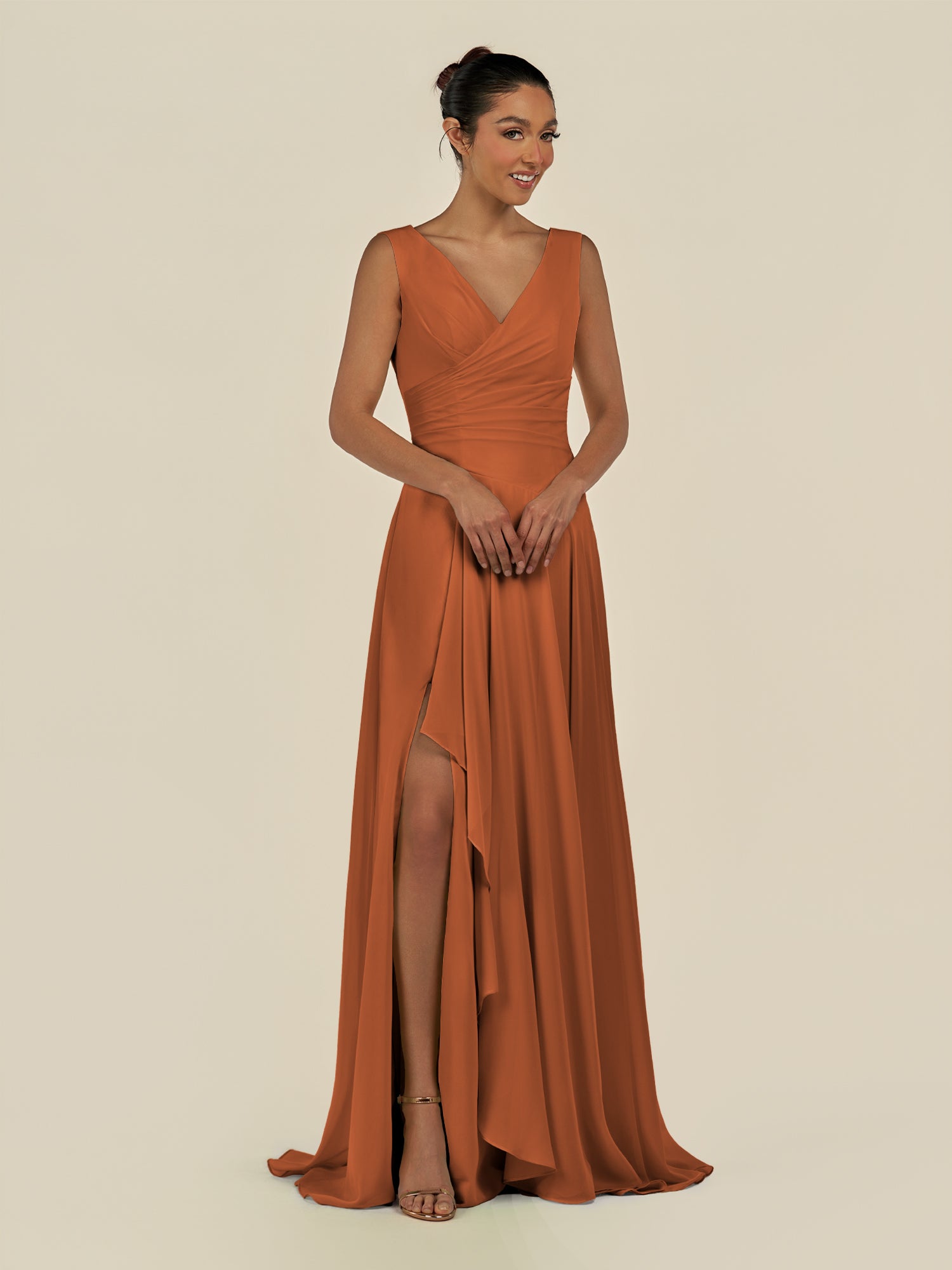 KissDress-Saphir Terracotta A Line Chiffon V Neck Ruched Long Bridesmaid Dress with Slit