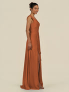 KissDress-Saphir Terracotta A Line Chiffon V Neck Ruched Long Bridesmaid Dress with Slit