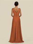 KissDress-Saphir Terracotta A Line Chiffon V Neck Ruched Long Bridesmaid Dress with Slit