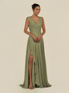 KissDress-Saphir Thyme A Line Chiffon V Neck Ruched Long Bridesmaid Dress with Slit
