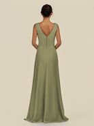 KissDress-Saphir Thyme A Line Chiffon V Neck Ruched Long Bridesmaid Dress with Slit