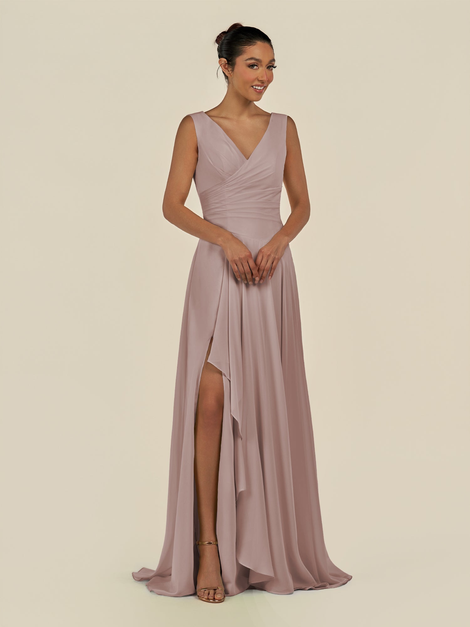 KissDress-Saphir Toffee A Line Chiffon V Neck Ruched Long Bridesmaid Dress with Slit