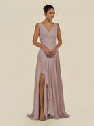 KissDress-Saphir Toffee A Line Chiffon V Neck Ruched Long Bridesmaid Dress with Slit