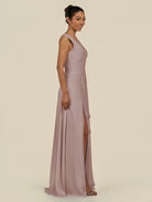KissDress-Saphir Toffee A Line Chiffon V Neck Ruched Long Bridesmaid Dress with Slit