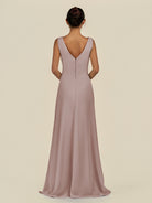 KissDress-Saphir Toffee A Line Chiffon V Neck Ruched Long Bridesmaid Dress with Slit