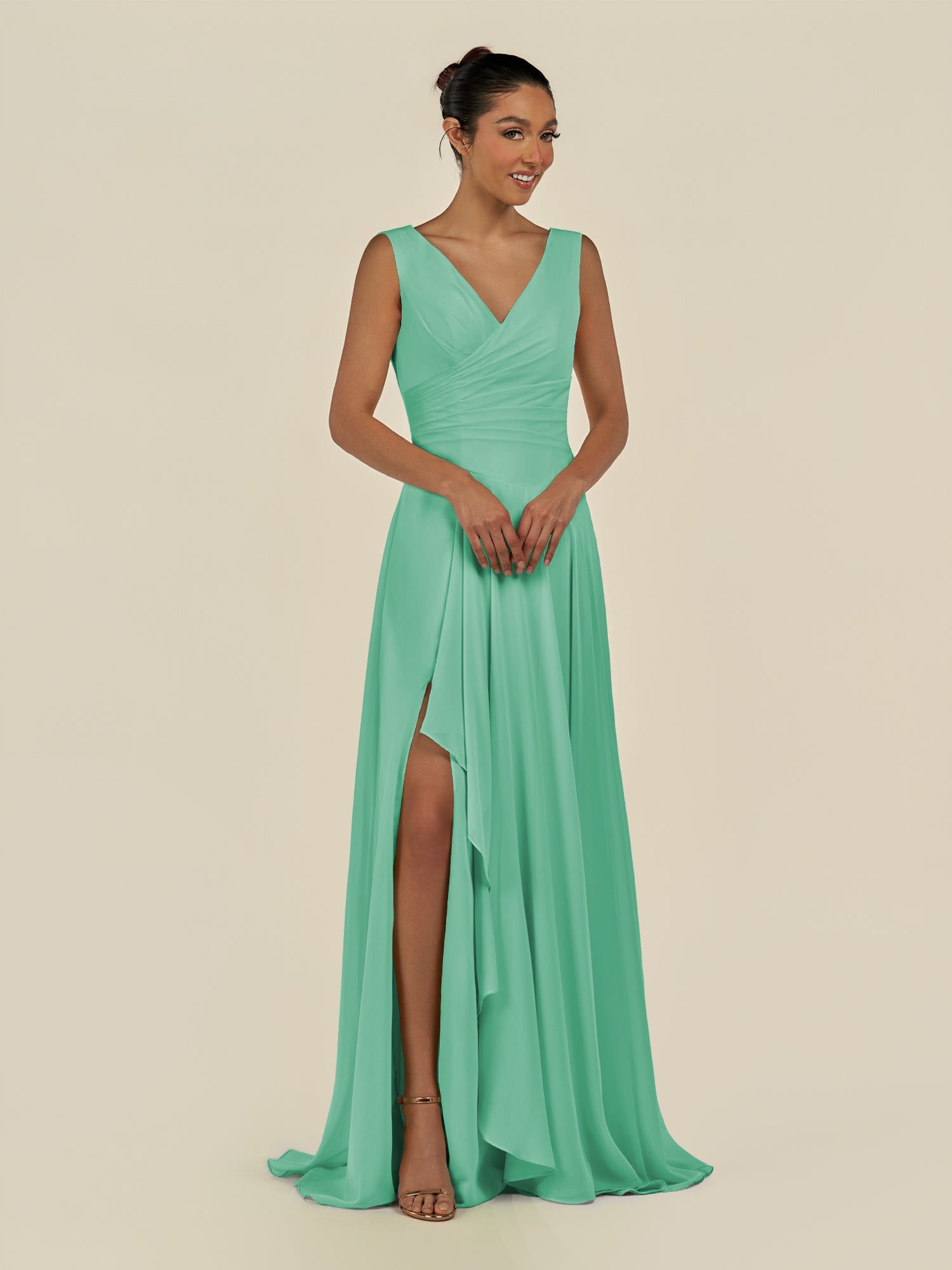KissDress-Saphir Turquoise A Line Chiffon V Neck Ruched Long Bridesmaid Dress with Slit