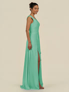 KissDress-Saphir Turquoise A Line Chiffon V Neck Ruched Long Bridesmaid Dress with Slit