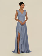 KissDress-Saphir Twilight A Line Chiffon V Neck Ruched Long Bridesmaid Dress with Slit