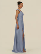 KissDress-Saphir Twilight A Line Chiffon V Neck Ruched Long Bridesmaid Dress with Slit