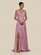 KissDress-Saphir Vintage Mauve A Line Chiffon V Neck Ruched Long Bridesmaid Dress with Slit