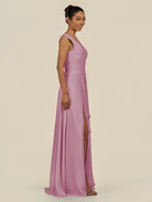 KissDress-Saphir Vintage Mauve A Line Chiffon V Neck Ruched Long Bridesmaid Dress with Slit