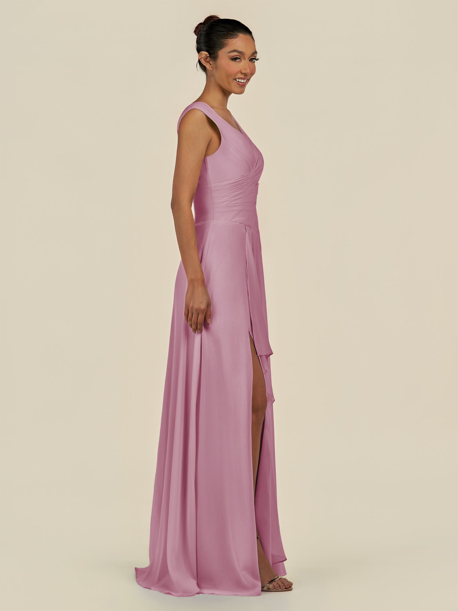 KissDress-Saphir Vintage Mauve A Line Chiffon V Neck Ruched Long Bridesmaid Dress with Slit
