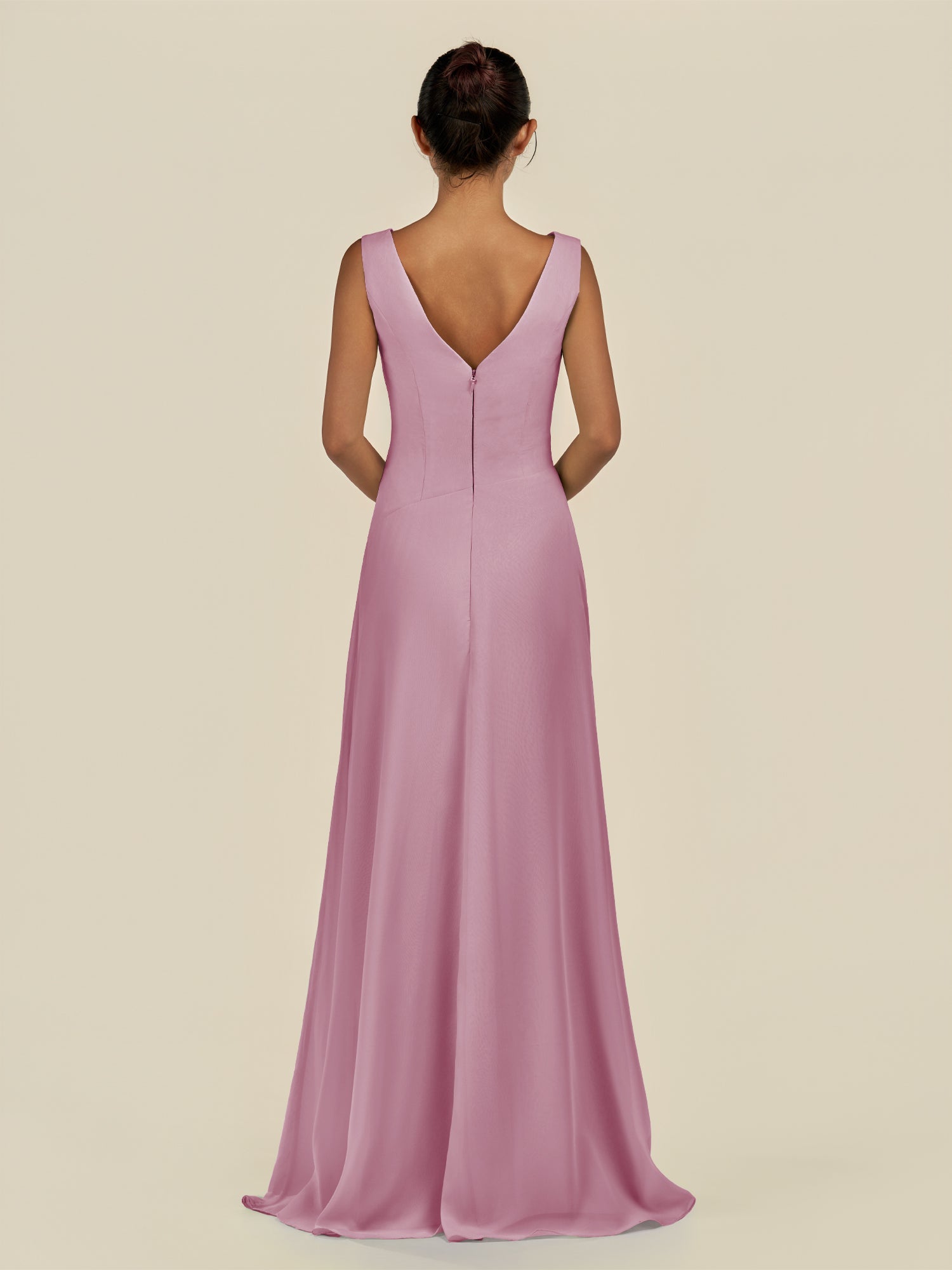 KissDress-Saphir Vintage Mauve A Line Chiffon V Neck Ruched Long Bridesmaid Dress with Slit
