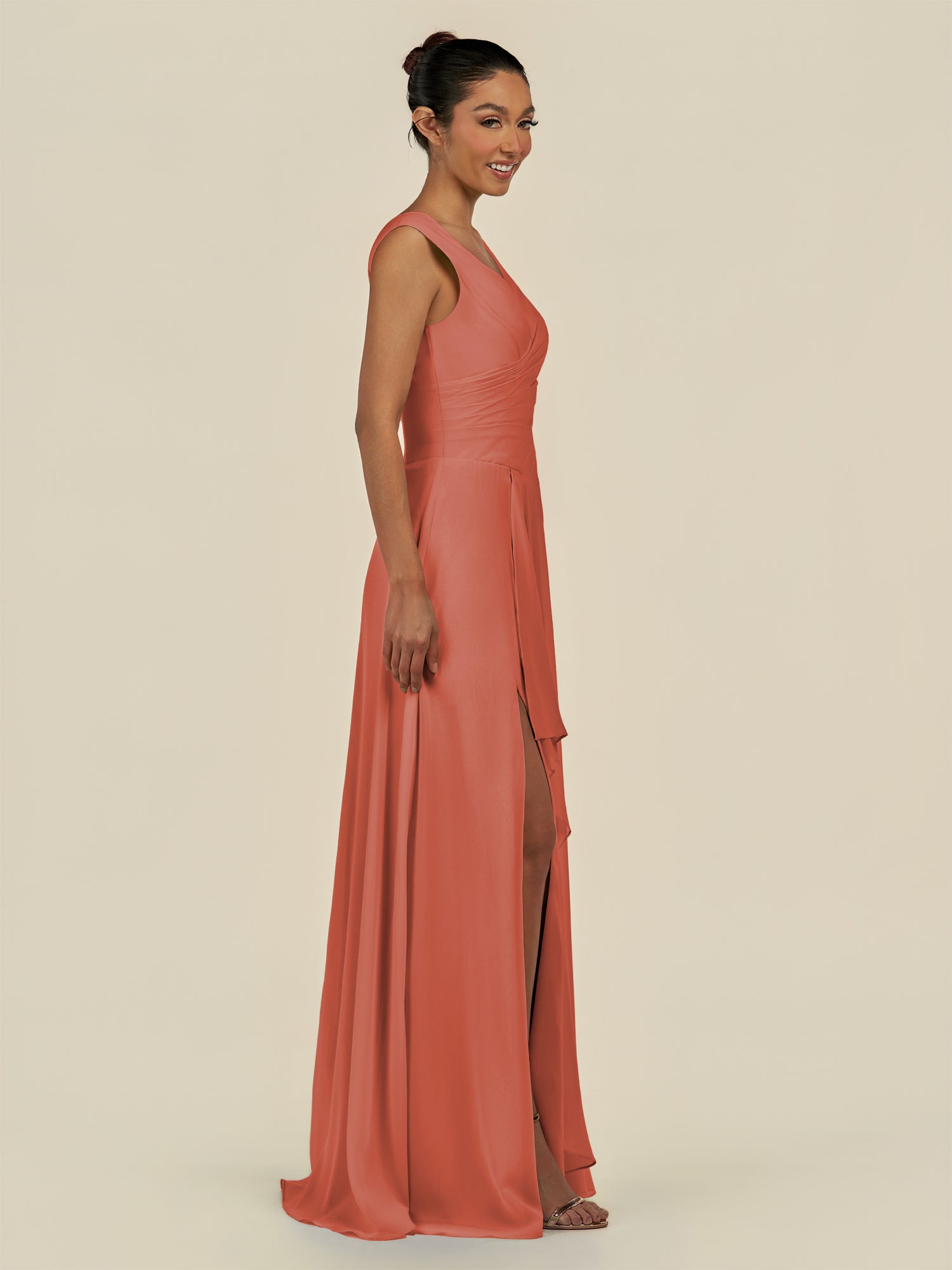 KissDress-Saphir Wild Rose A Line Chiffon V Neck Ruched Long Bridesmaid Dress with Slit