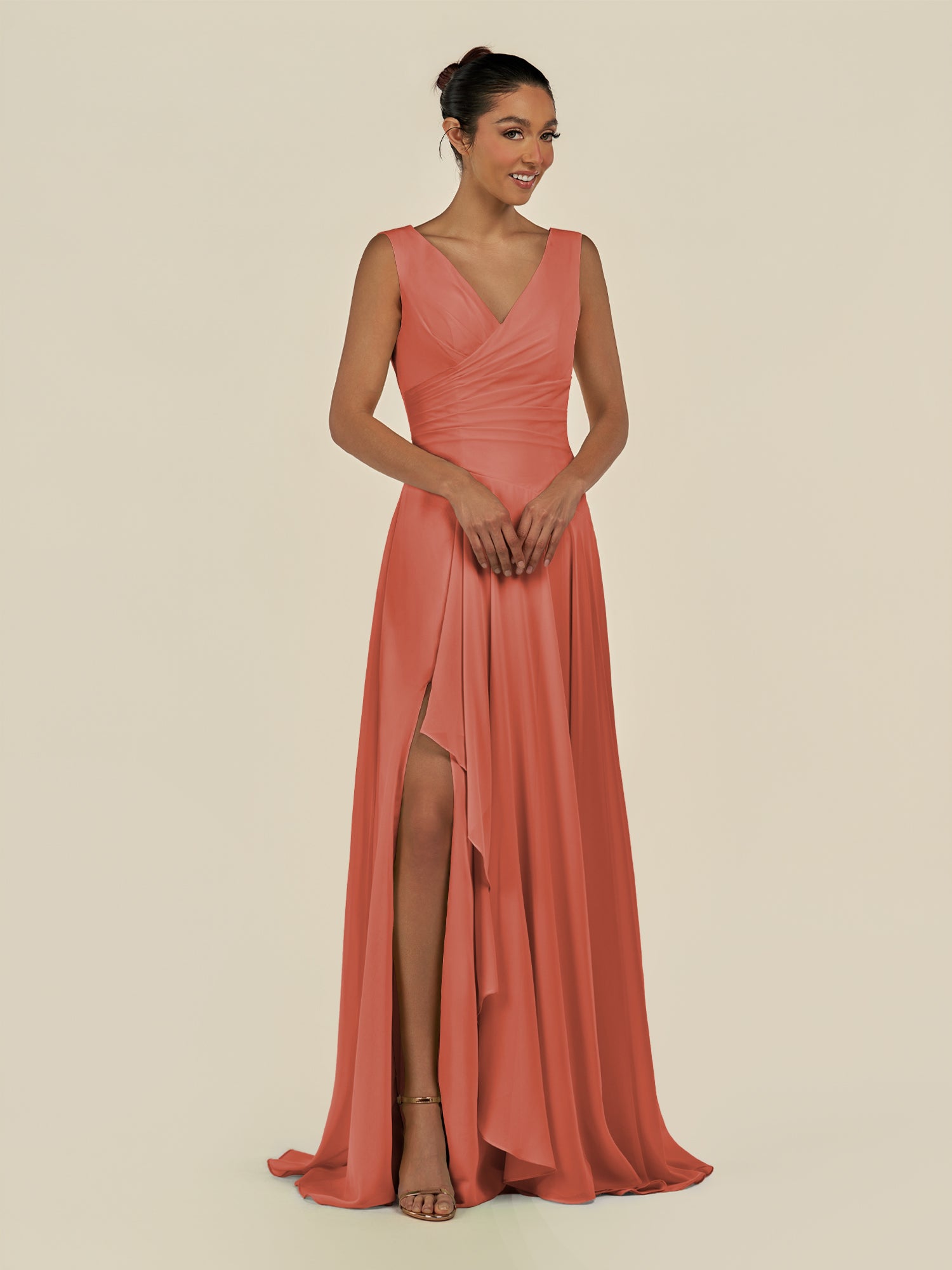 KissDress-Saphir Wild Rose A Line Chiffon V Neck Ruched Long Bridesmaid Dress with Slit