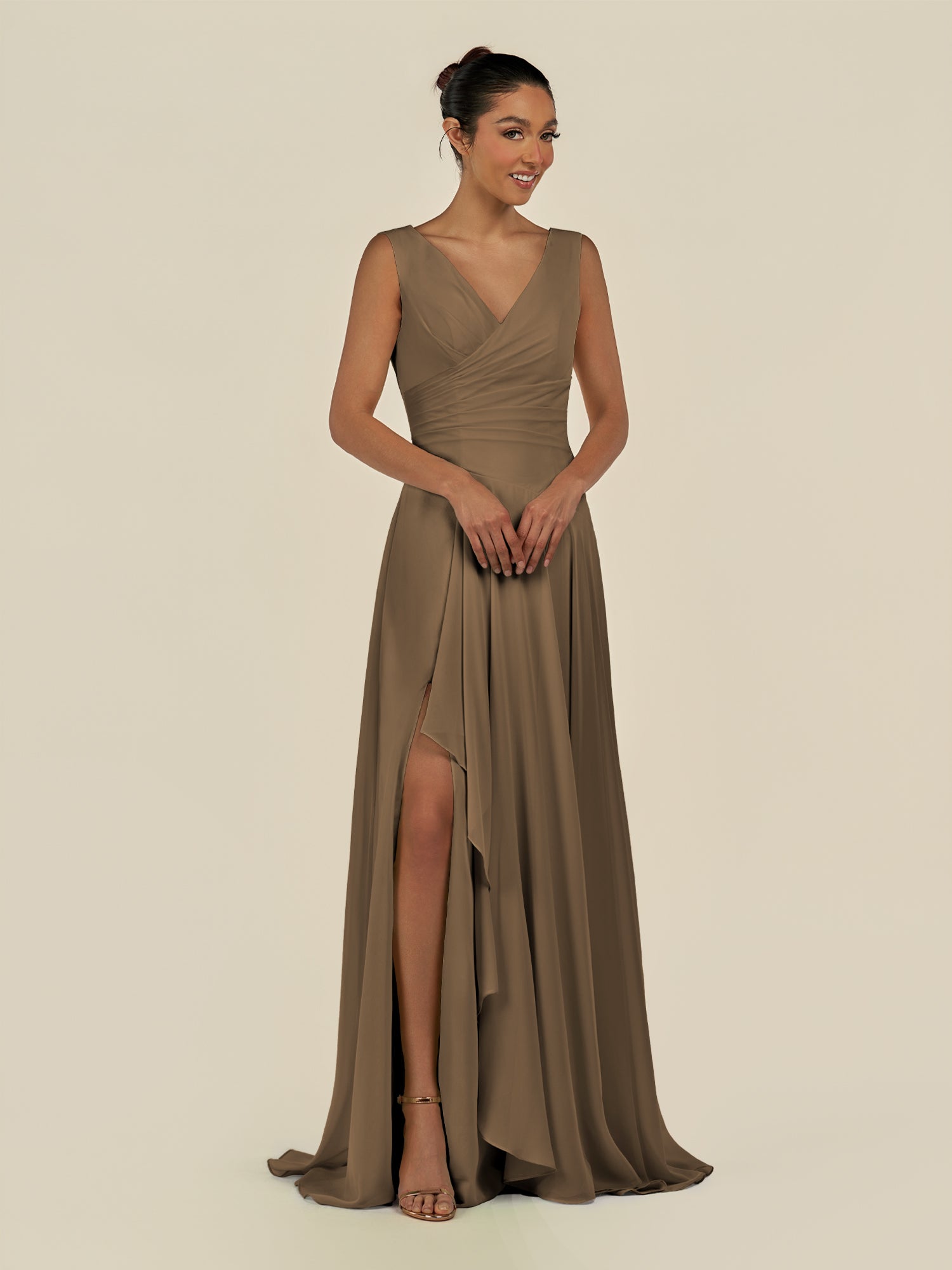 KissDress-Saphir Willow Green A Line Chiffon V Neck Ruched Long Bridesmaid Dress with Slit