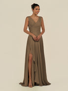 KissDress-Saphir Willow Green A Line Chiffon V Neck Ruched Long Bridesmaid Dress with Slit