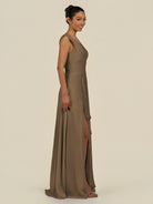 KissDress-Saphir Willow Green A Line Chiffon V Neck Ruched Long Bridesmaid Dress with Slit
