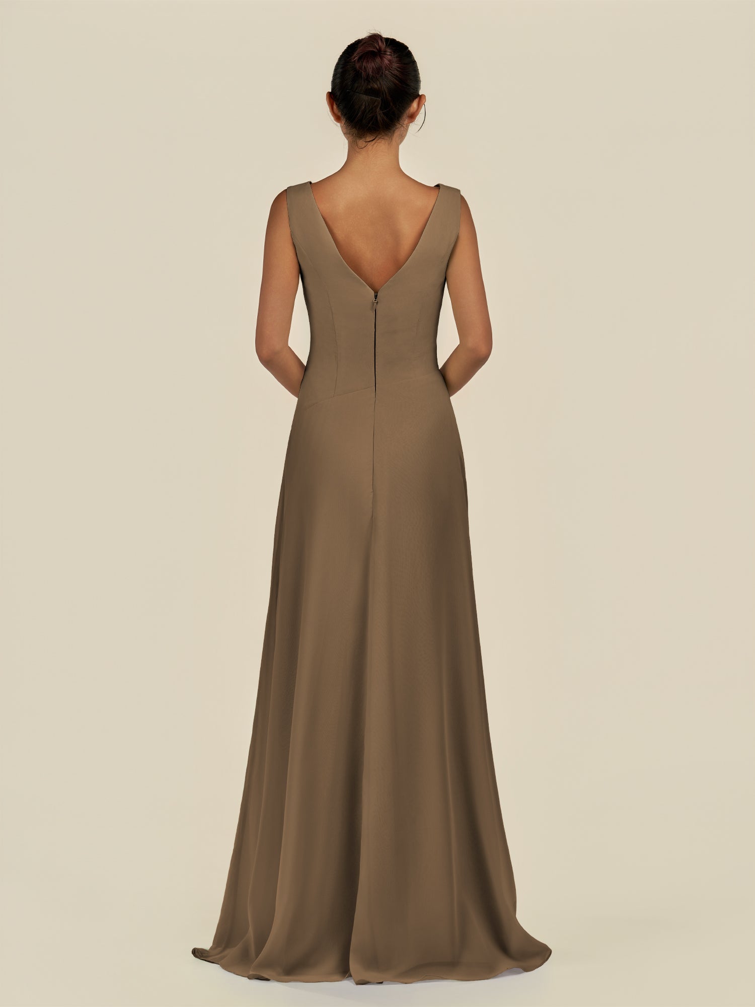 KissDress-Saphir Willow Green A Line Chiffon V Neck Ruched Long Bridesmaid Dress with Slit