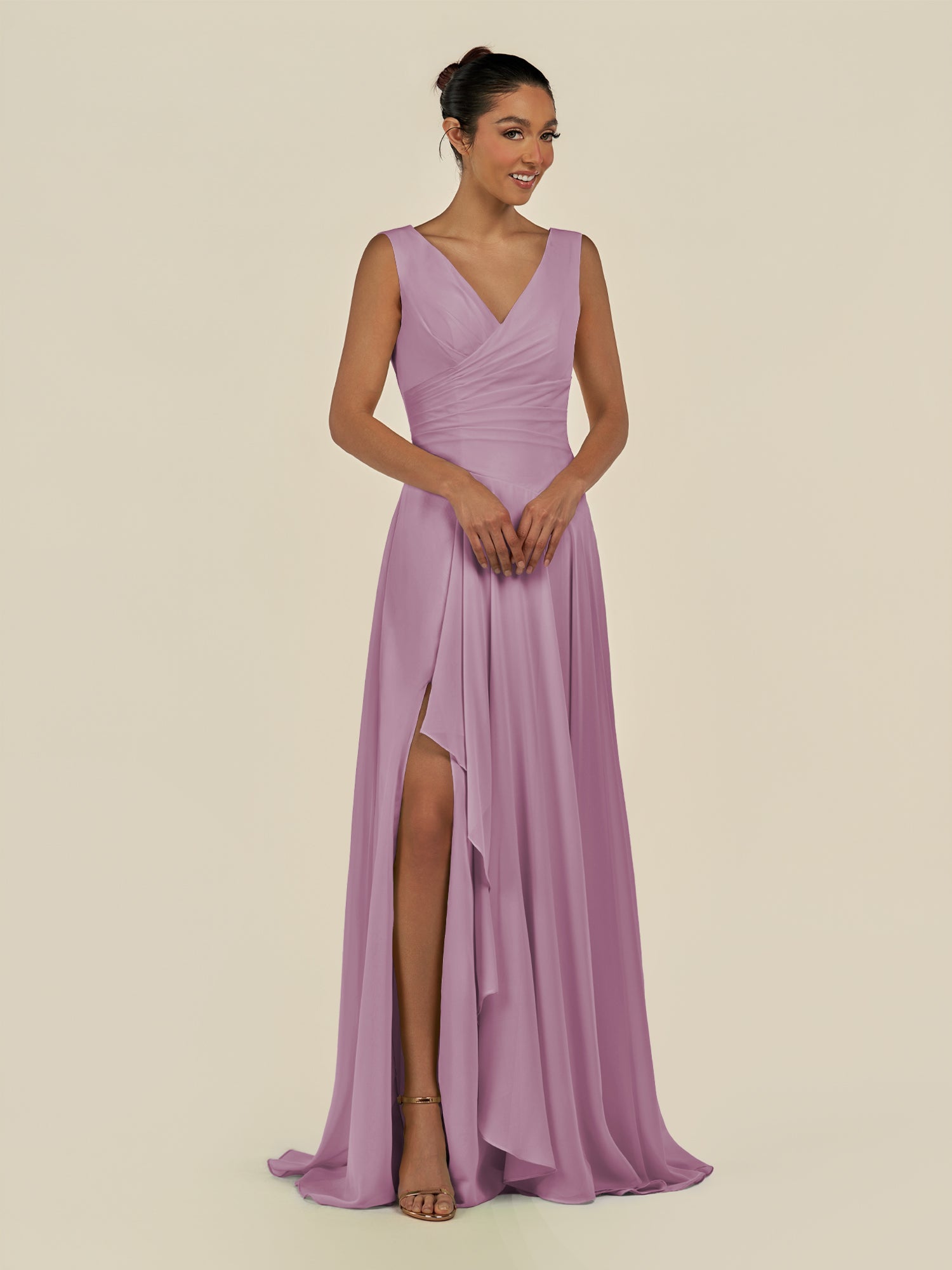 KissDress-Saphir Wisteria A Line Chiffon V Neck Ruched Long Bridesmaid Dress with Slit