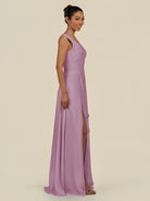 KissDress-Saphir Wisteria A Line Chiffon V Neck Ruched Long Bridesmaid Dress with Slit