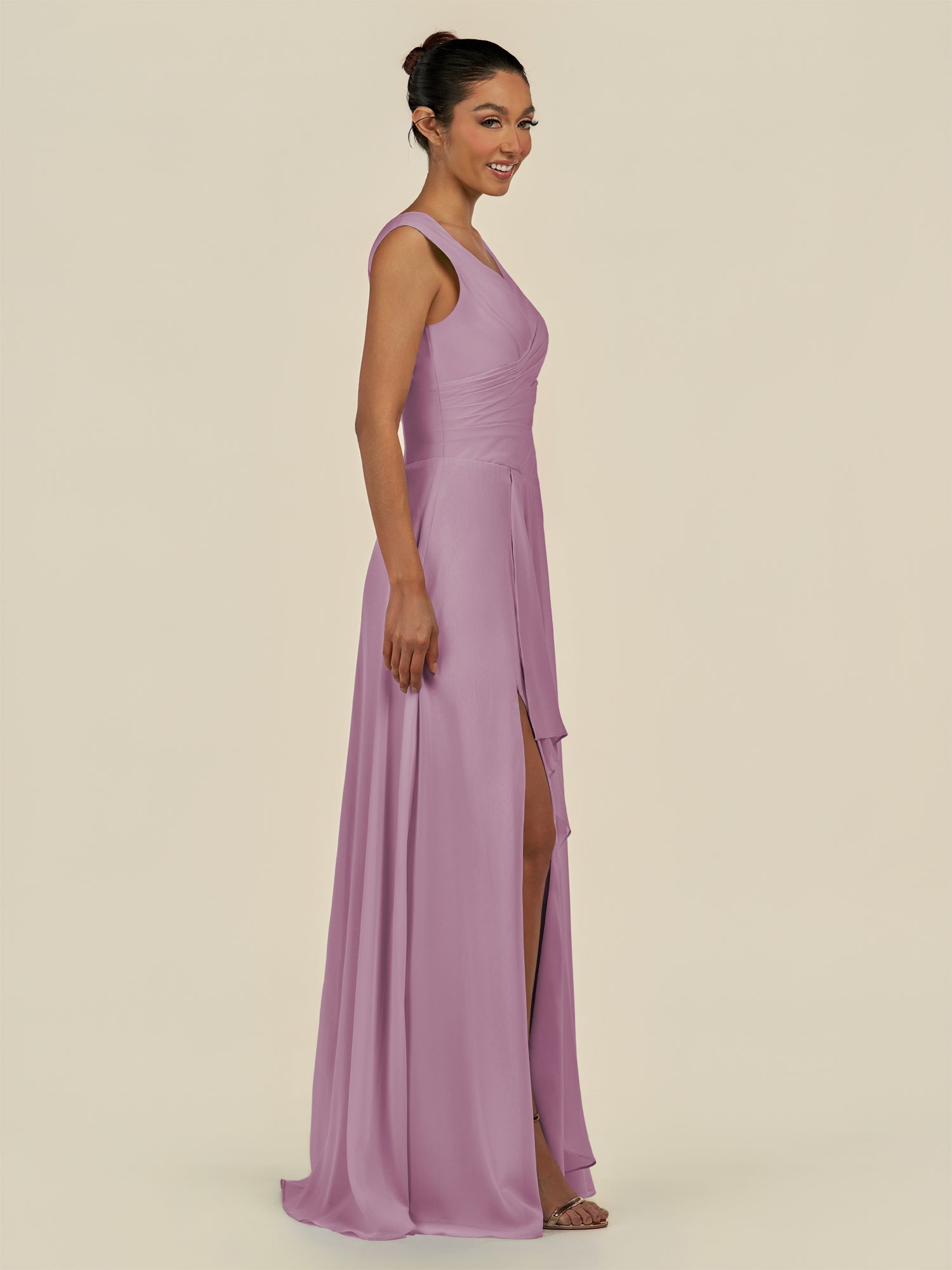 KissDress-Saphir Wisteria A Line Chiffon V Neck Ruched Long Bridesmaid Dress with Slit