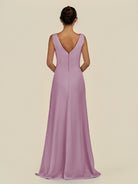 KissDress-Saphir Wisteria A Line Chiffon V Neck Ruched Long Bridesmaid Dress with Slit