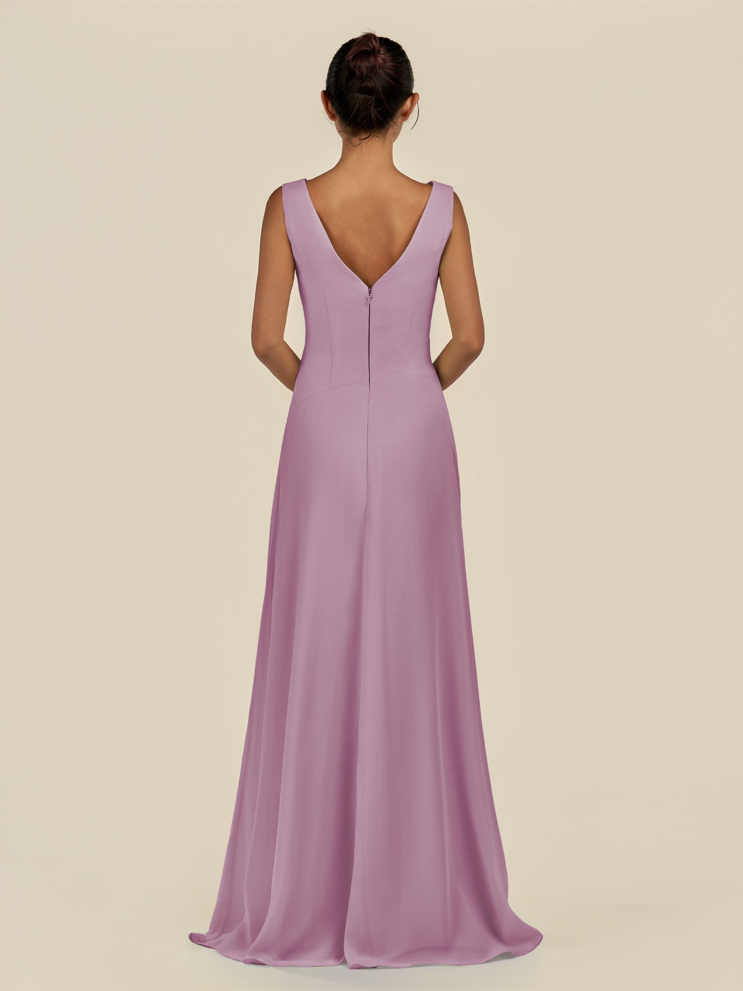 KissDress-Saphir Wisteria A Line Chiffon V Neck Ruched Long Bridesmaid Dress with Slit