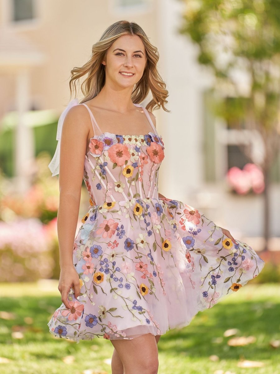 Sarah | A - Line Black Short Homecoming Dress with 3D Flowers - KissProm