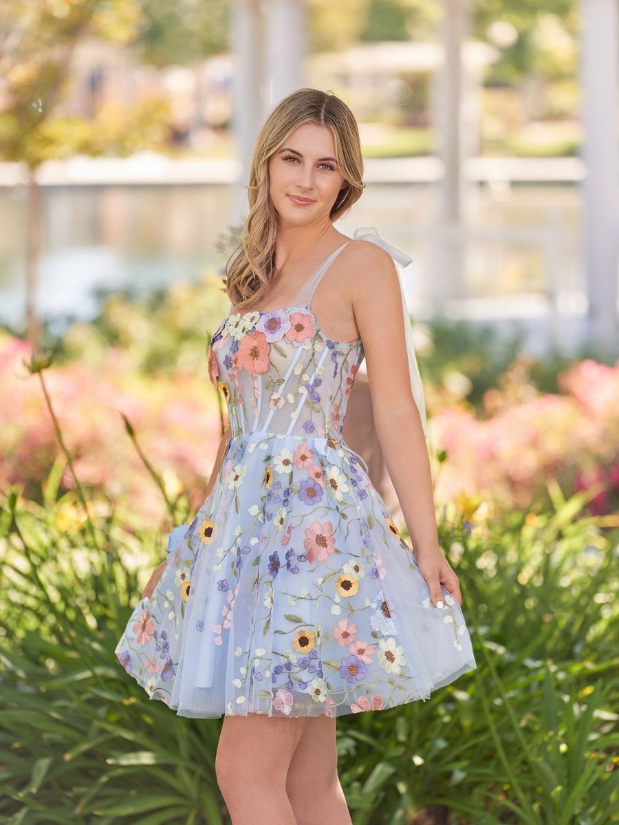 Sarah | A - Line Black Short Homecoming Dress with 3D Flowers - KissProm